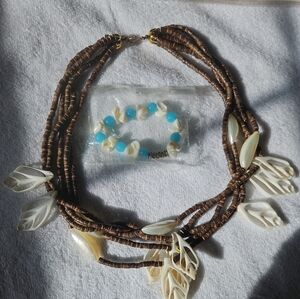 Boho Multi-Strand Brown Beaded Shell Necklace + Bonus Shell & Turquoise Bracelet